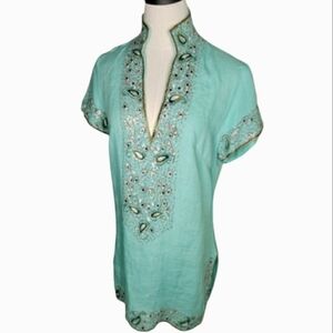 Flora Bella Tunicn Linen Sequin Bead Embellished Seafoam Boho Bollywood Coastal